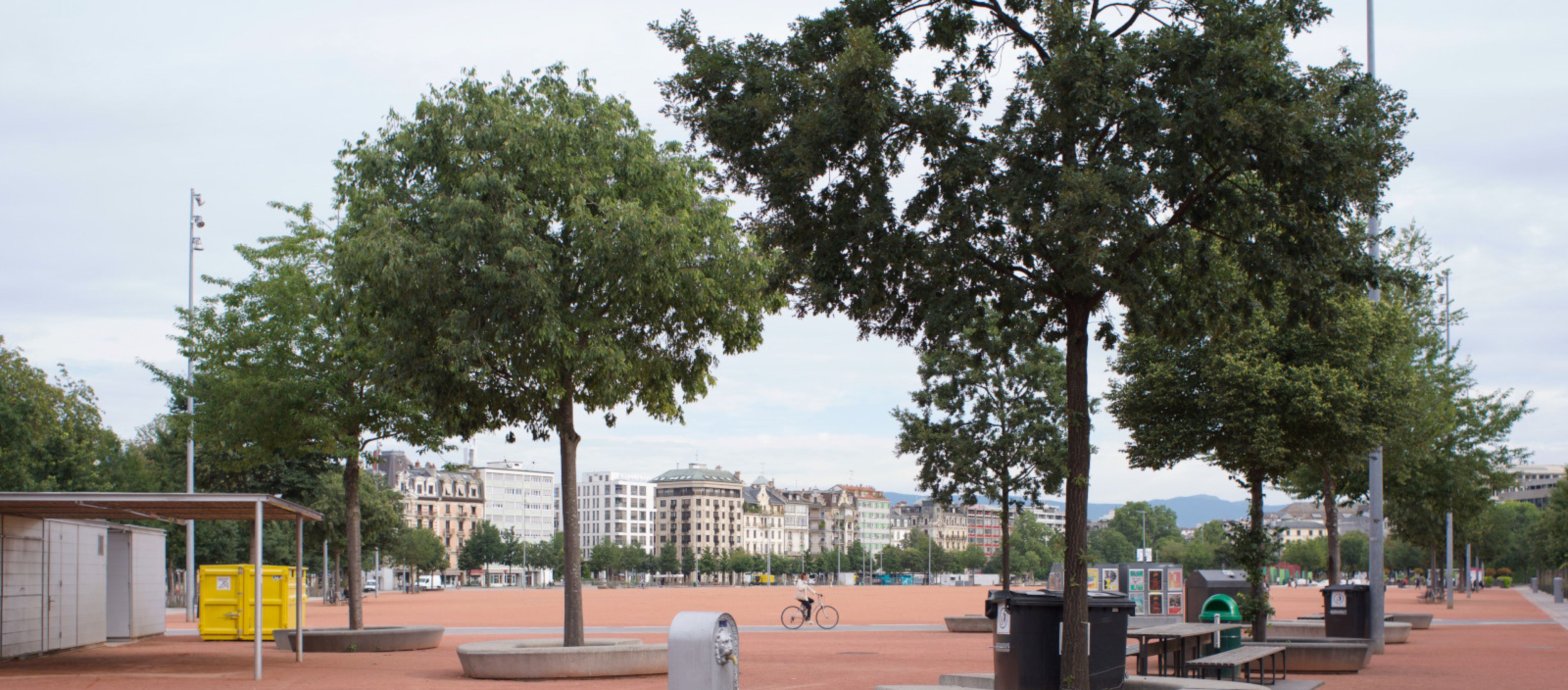 Arbres, bancs et fontaine sur la plaine de Plainpalais